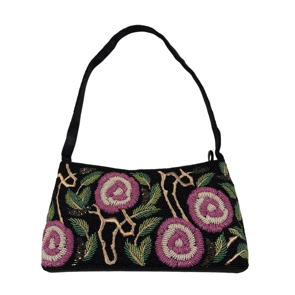 Y2K Vintage Beaded Floral Clutch Bag Black Pink Evening Wedding Handbag Purse - Picture 2 of 10